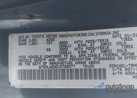 2001 Toyota Tacoma z USA, uszkodzony, nr VIN 5TENL42N01Z780077